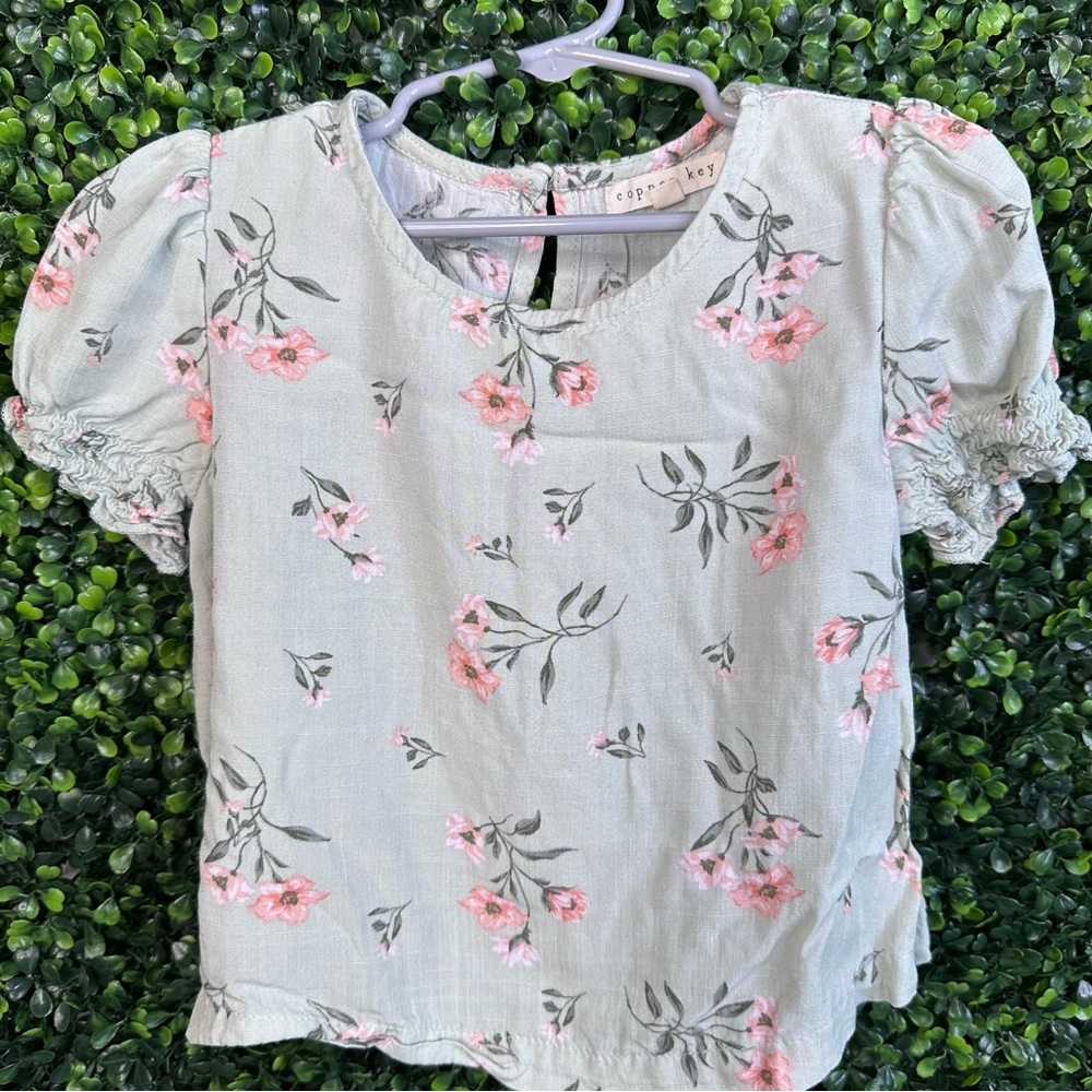 Sage green Copper Key Floral Blouse with Puff Sleeves